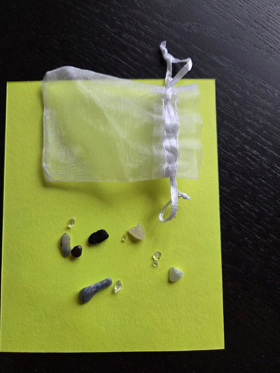 Seven small tumbled crystals displayed on a yellow-green card beside a white sheer organza drawstring bag. Stones include dark red Garnet, black Black Tourmaline, pale green Green Aventurine, yellow Citrine, blue-grey Sodalite, deep blue Lapis Lazuli, and Rose Quartz