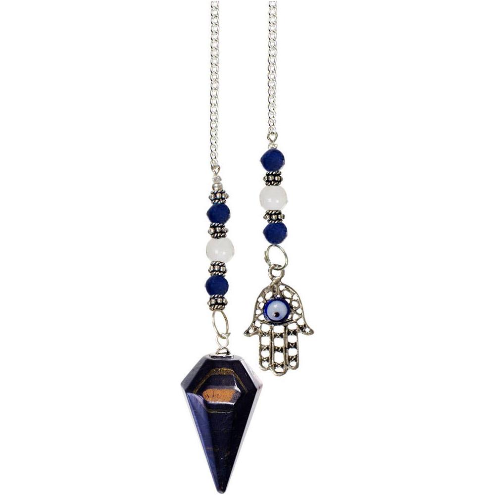 Blue Tiger Eye Pendulum with Fatima Hand &amp; Evil Eye – Hexagonal Crystal Divination Tool