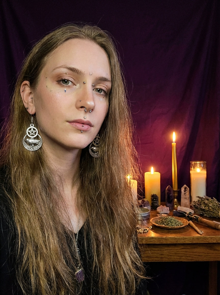Mystical Silver Pentagram &amp; Raven Earrings