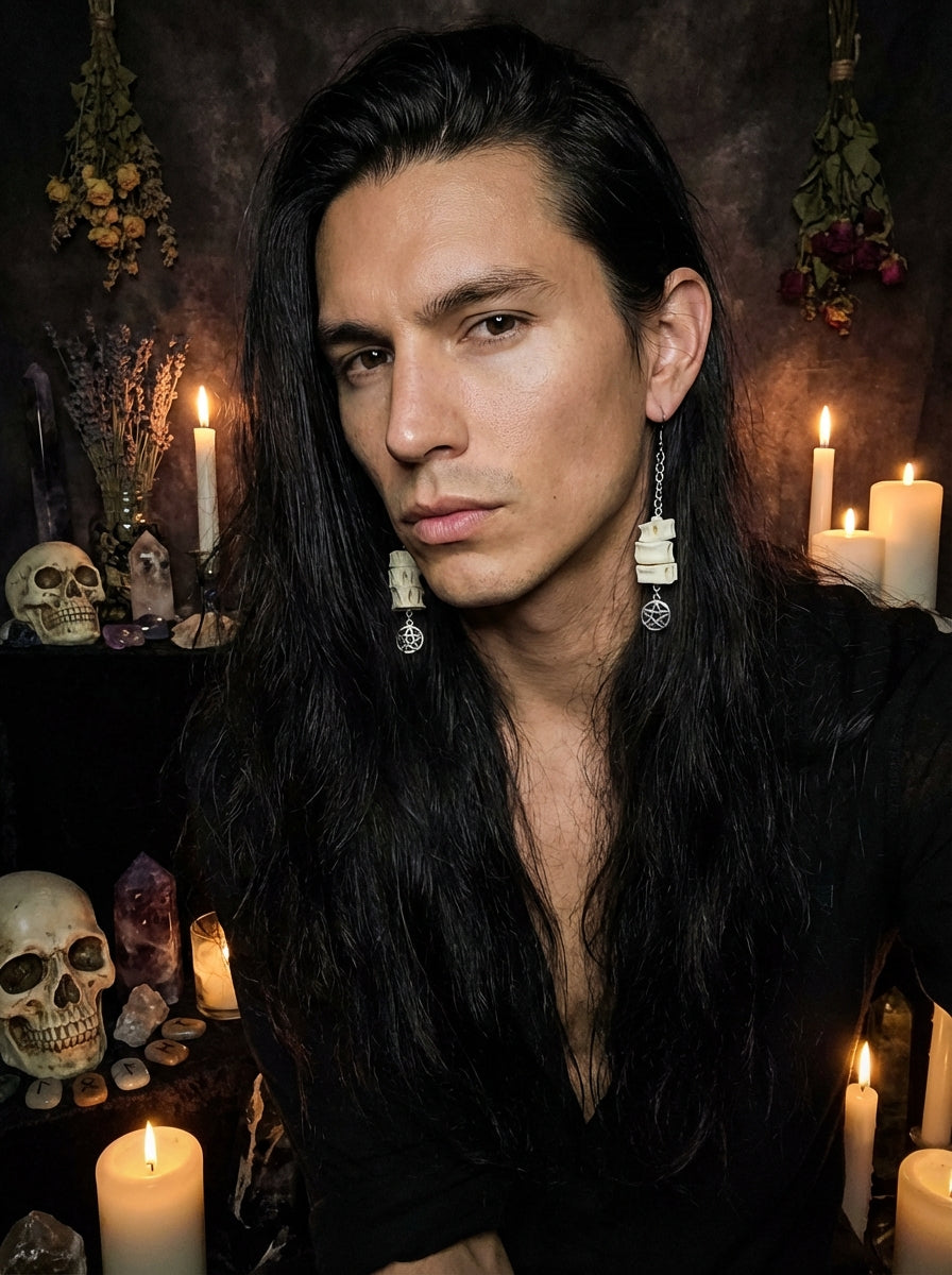 Mystical Fish Bone &amp; Silver Pentagram Earrings