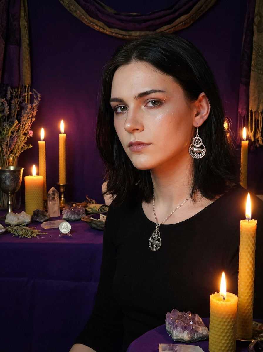 Mystical Silver Pentagram &amp; Raven Earrings