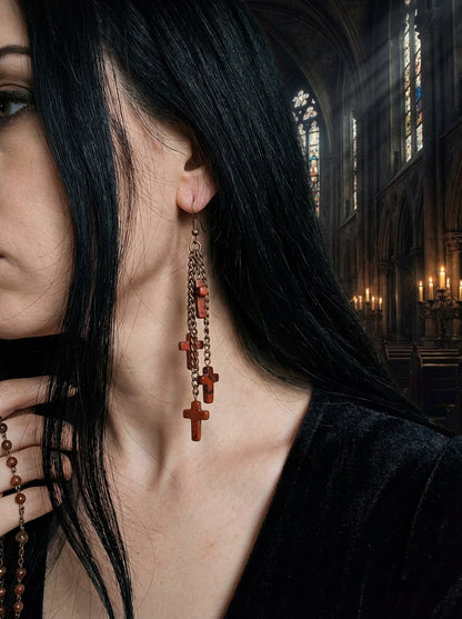 Bronze Chain Tassels with Red Jasper Crosses