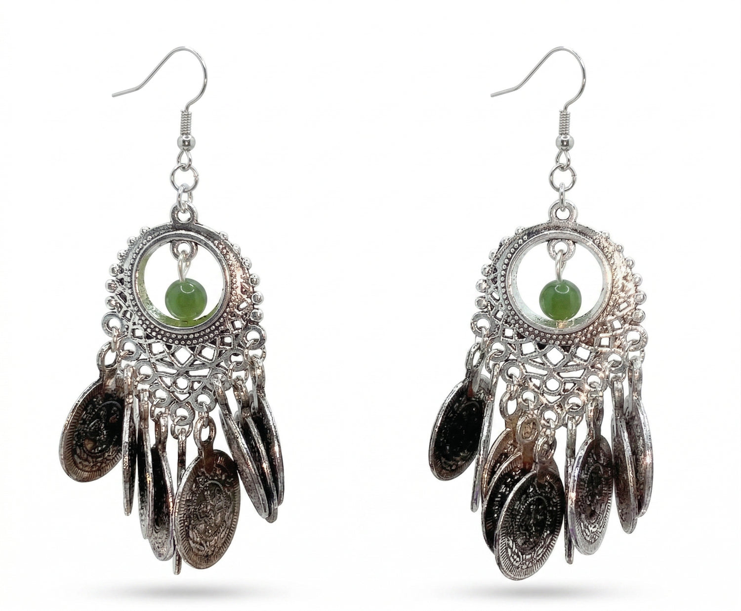Prosperity Charm Green Bead &amp; Coin Earrings