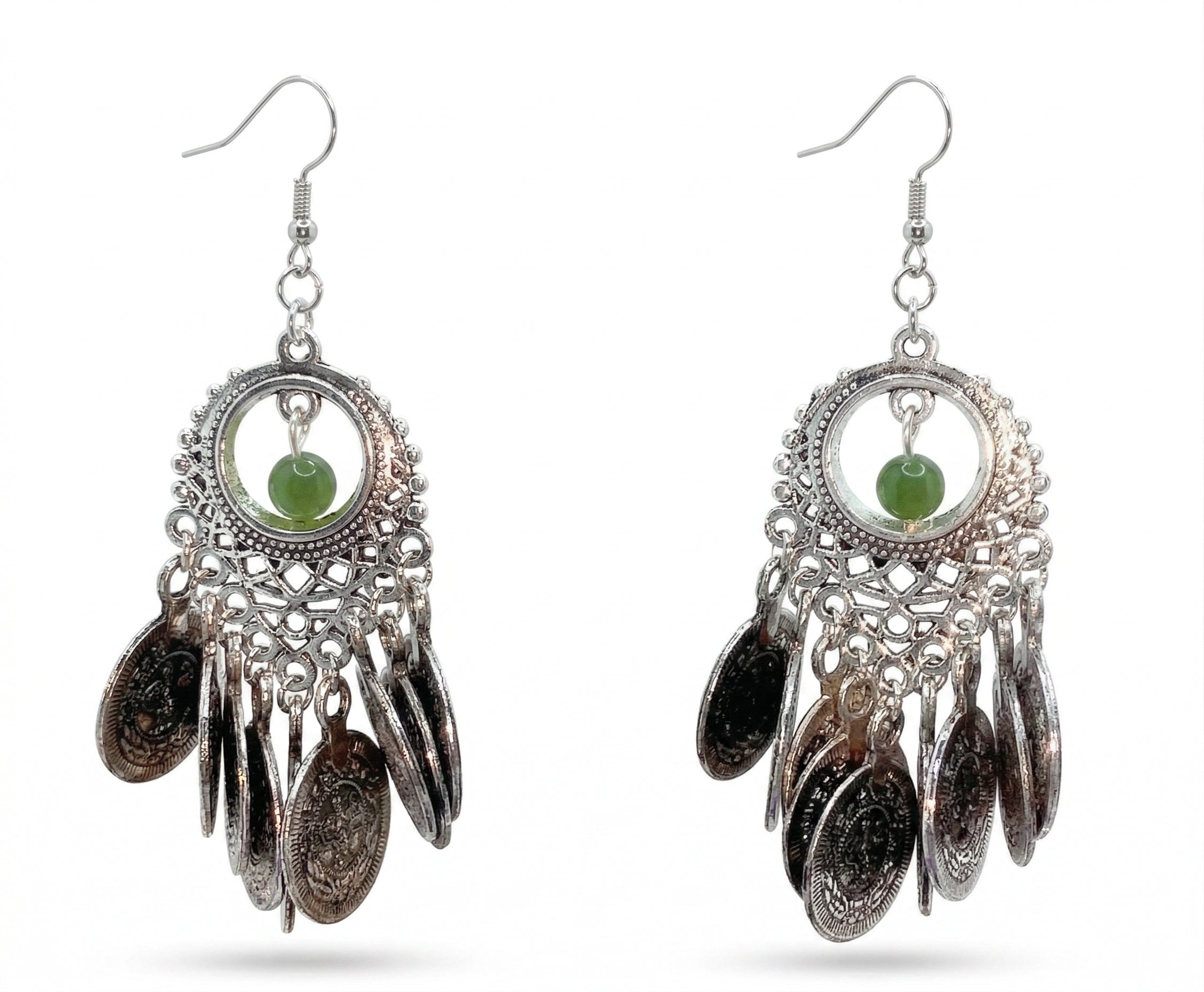 Prosperity Charm Green Bead &amp; Coin Earrings