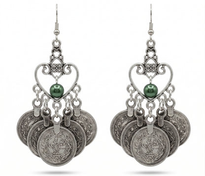 Prosperity Charm Green Bead &amp; Coin Earrings