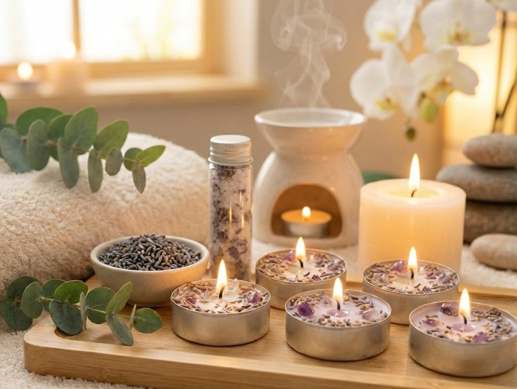 Stress Relief Crystal and Herb Tea Lights | Hand-Blended Ritual Salts