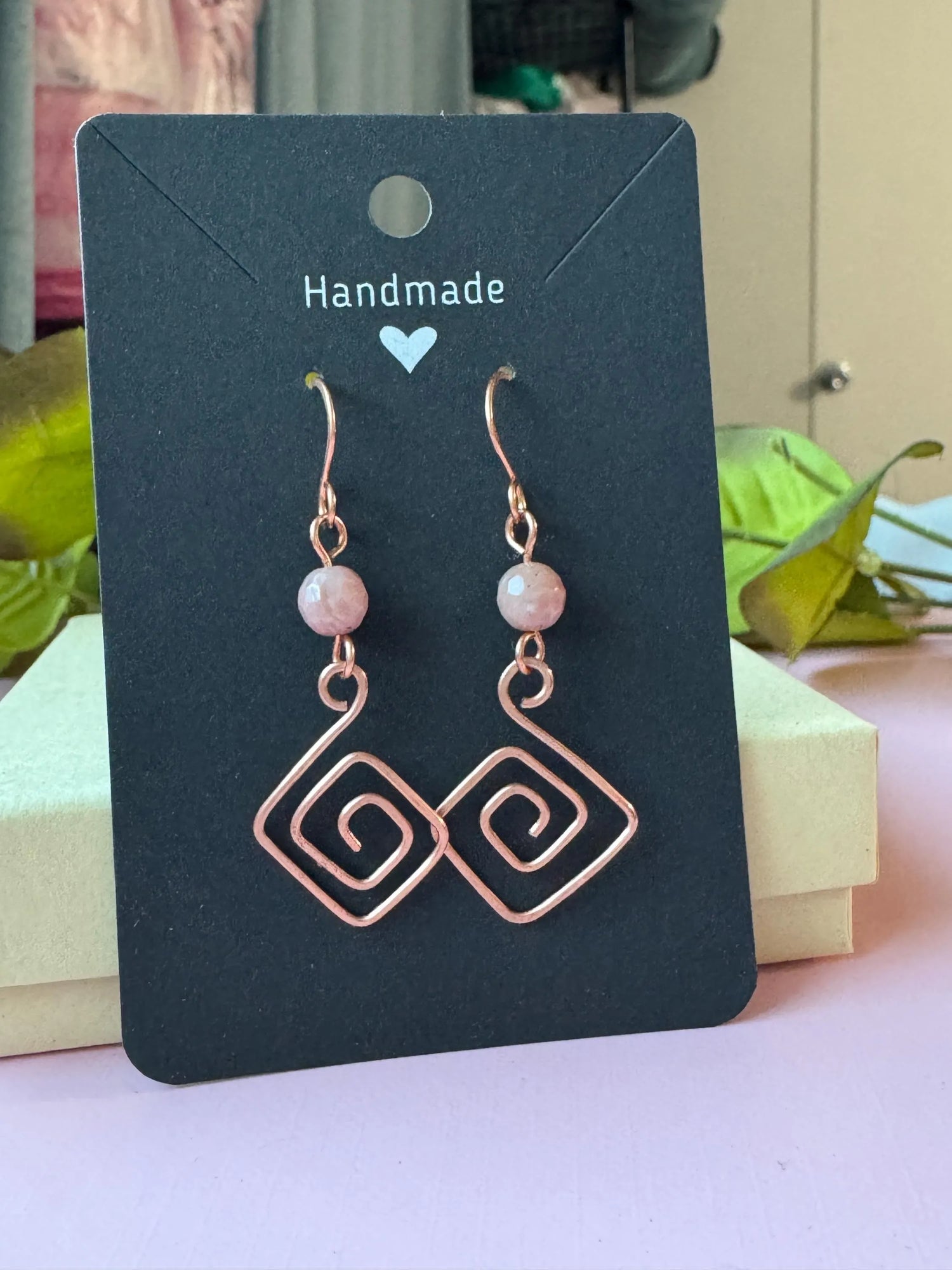 Handmade Copper Geometric Earrings with Rhodochrosite Gemstones