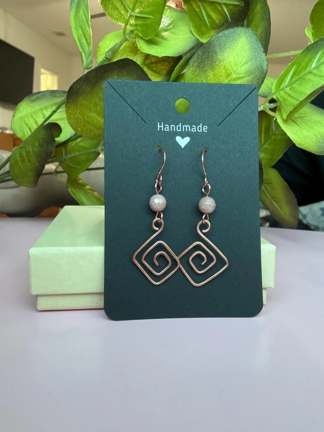 Handmade Copper Geometric Earrings with Rhodochrosite Gemstones