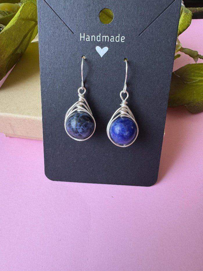 Handmade Silver Wire Wrapped Earrings with Sodalite Gemstones