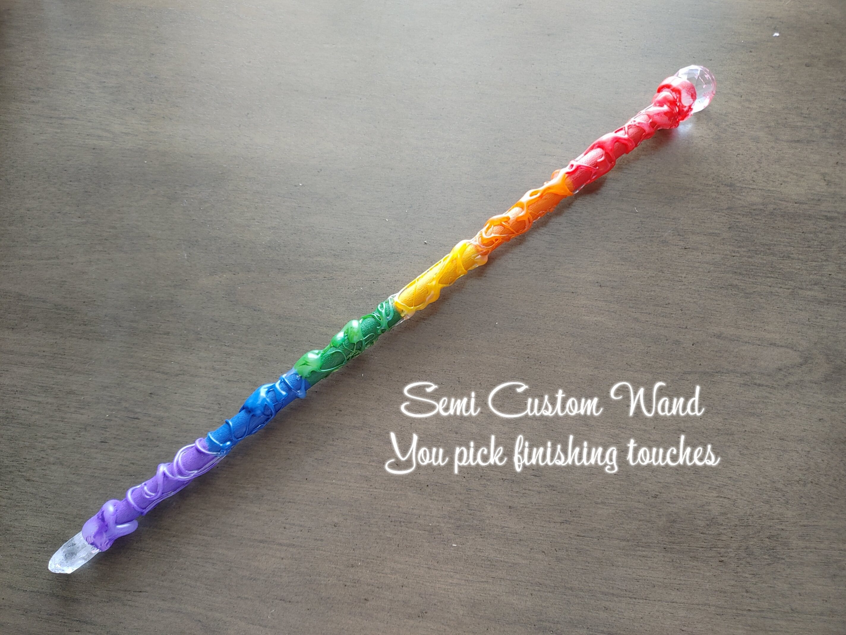 Rainbow Witch Wand, Semi-Custom with Quartz Point &amp; Charms