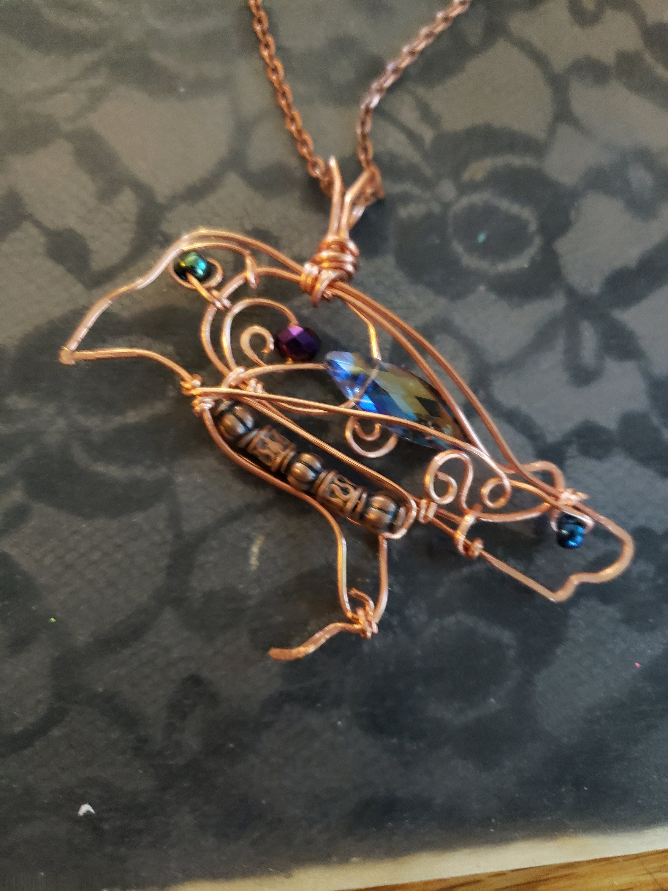 Copper,silver Wire Raven crow Necklace, raven gift, boho jewelry, girl gift jewelry,wire raven, raven lover gift, tribal crow, spirit animal