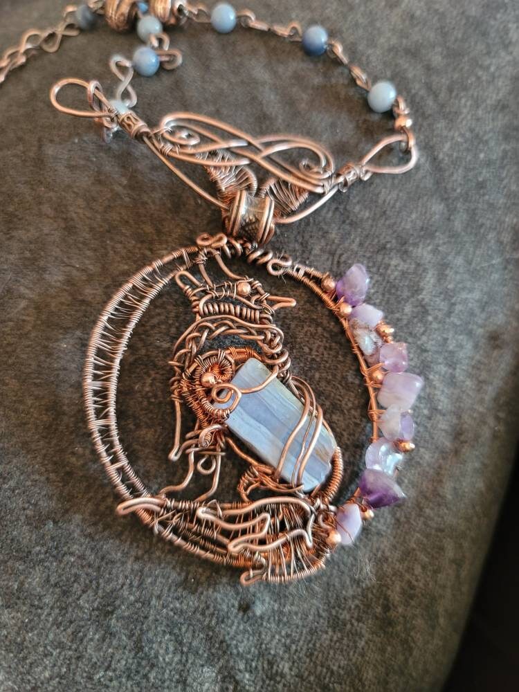Copper spirit animal wolf necklace men, bohemian jewelry women, copper jewelry handmade, coyote necklace, southwestern,wolf, agate, amethyst
