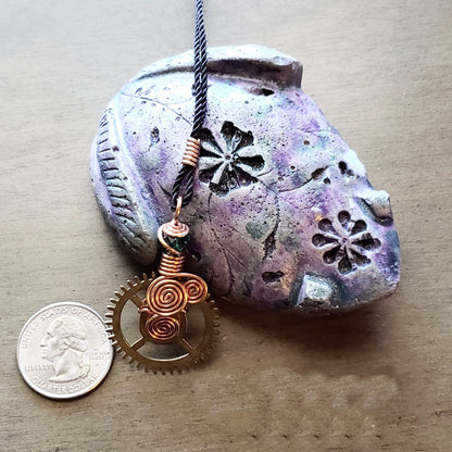 Steampunk Gear Necklace, Copper Wire Wrapped Pendant JN31