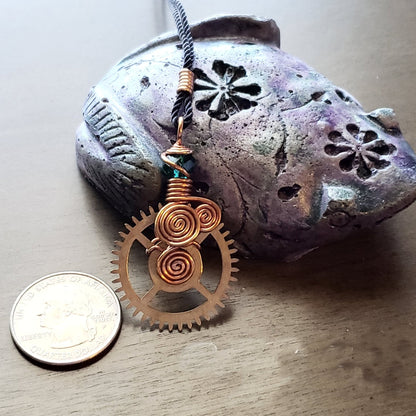 Steampunk Gear Necklace, Copper Wire Wrapped Pendant JN31