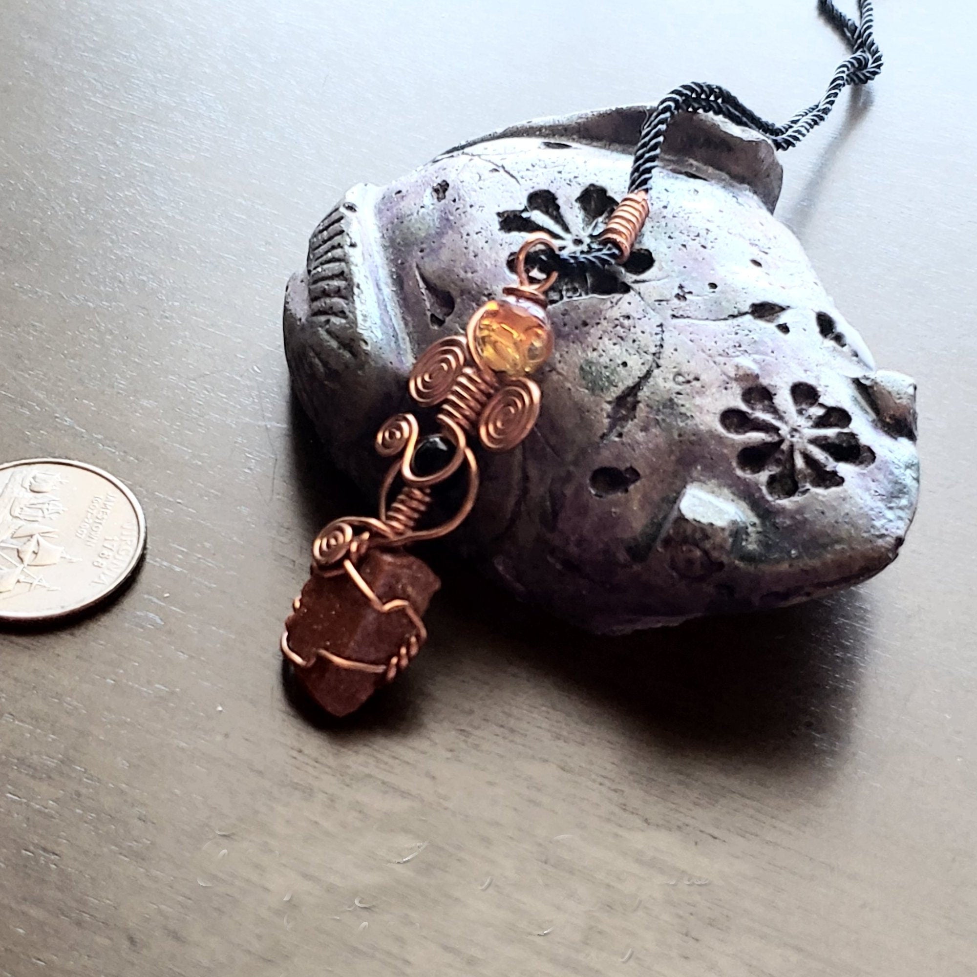 Orange Goldstone Wire Wrap Crystal Necklace, Copper Metaphysical Jewelry JN26