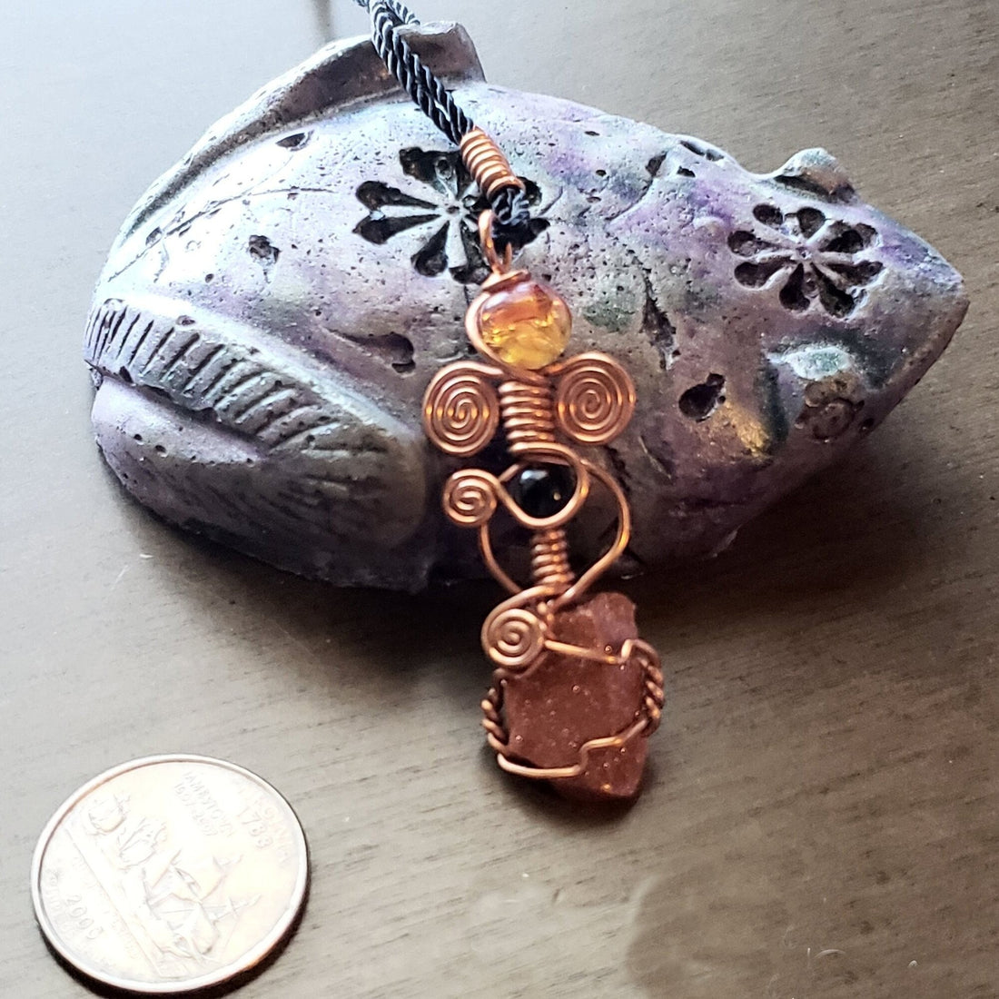 Orange Goldstone Wire Wrap Crystal Necklace, Copper Metaphysical Jewelry JN26