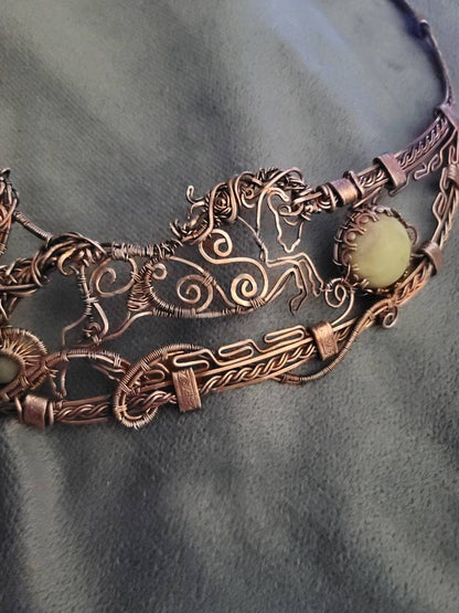 Copper horse necklace,  horse rearing, equestrian gifts for trainers, horse gifts for women, serpentine. Aventurine, statement necklace