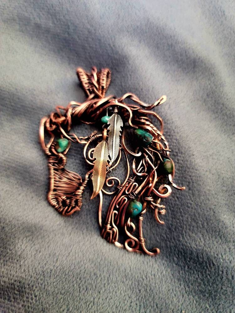 Copper silver mustang horse necklace,horse pendant,equestrian gifts for trainers,horse gifts women, Indian pony, turquoise unique, western