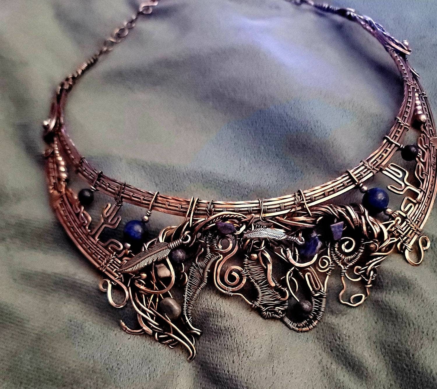 Copper mustang horse necklace,  horse pendant, equestrian gifts for trainers, horse gifts for women, feathers, Indian pony, lapis, saphire