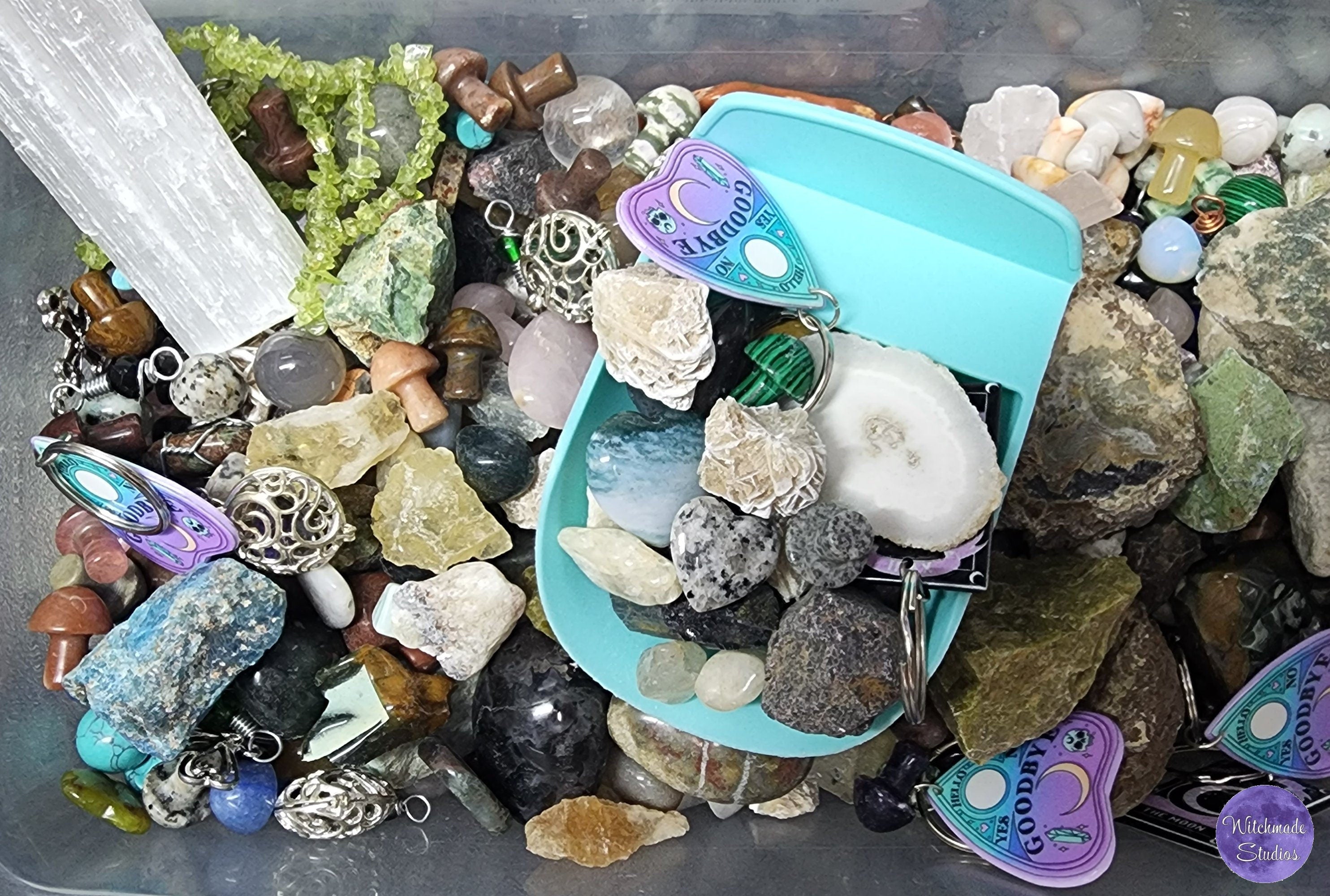 Cauldron Confetti Scoop, Mixed Crystals, Witchy Keychains, Crystal Jewelry, Crystal Towers, Crystal Spheres, Witchy Supplies