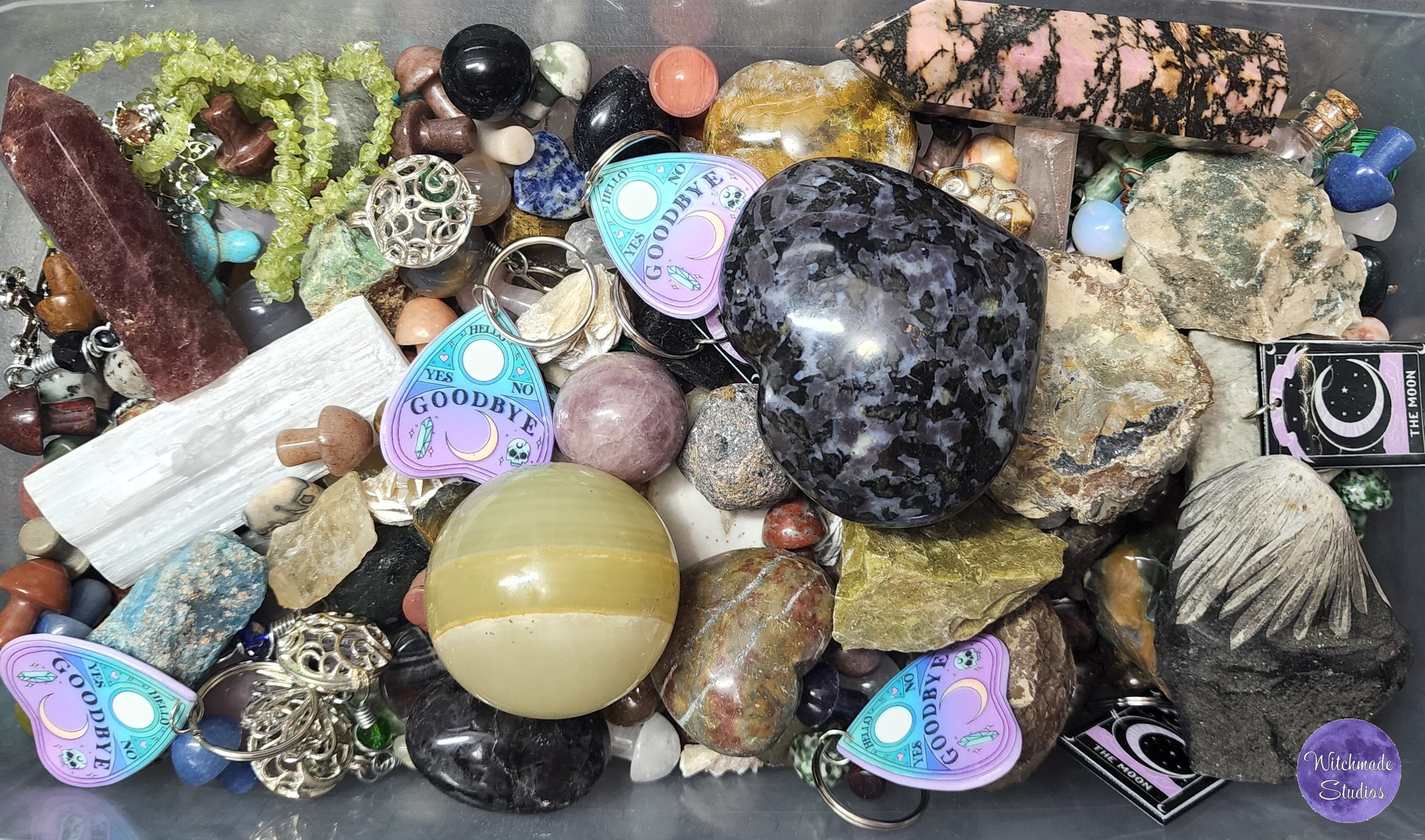 Cauldron Confetti Scoop, Mixed Crystals, Witchy Keychains, Crystal Jewelry, Crystal Towers, Crystal Spheres, Witchy Supplies