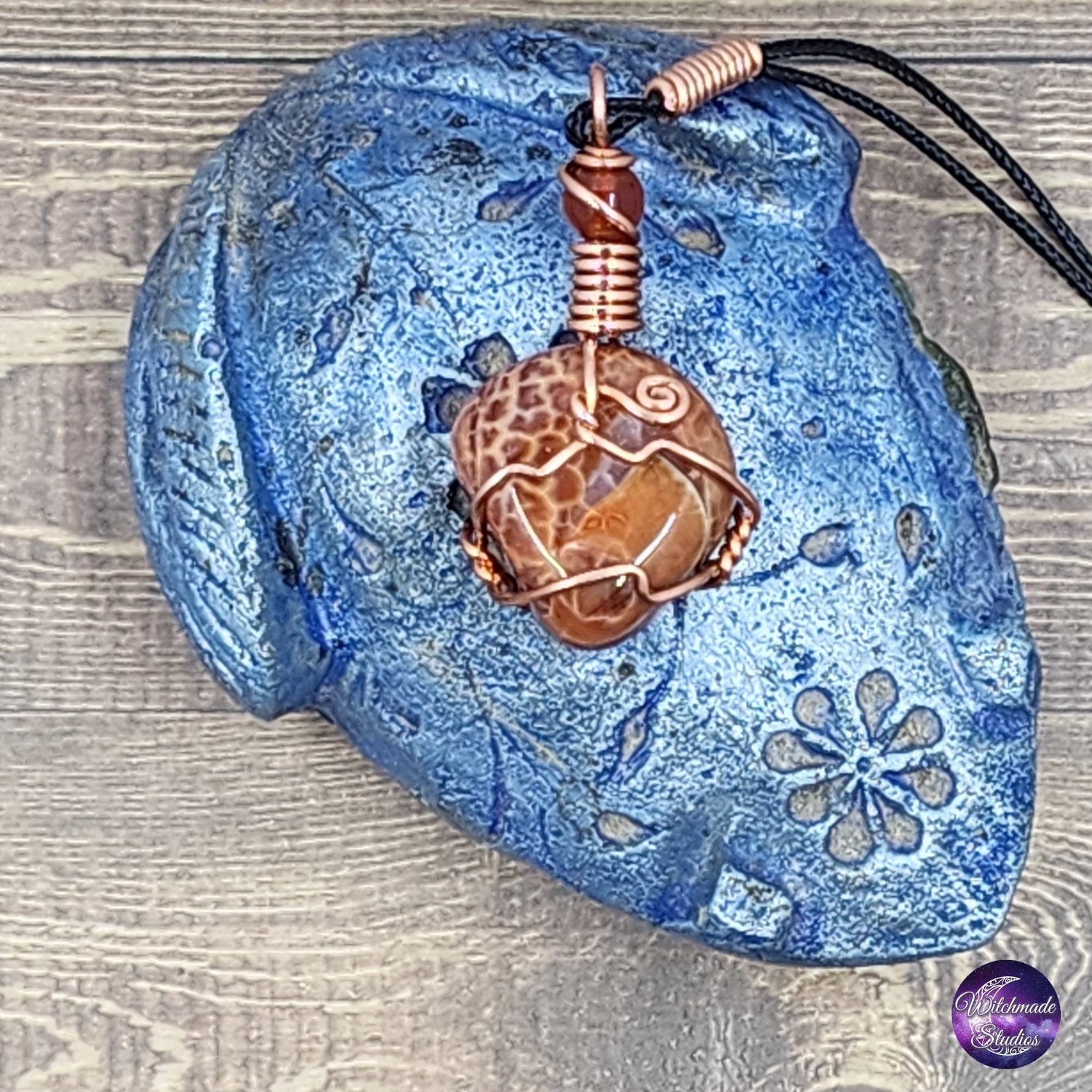 Fire Agate Wire Wrap Crystal Necklace, Copper Metaphysical Jewelry JN166