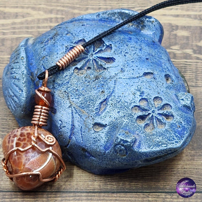 Fire Agate Wire Wrap Crystal Necklace, Copper Metaphysical Jewelry JN166