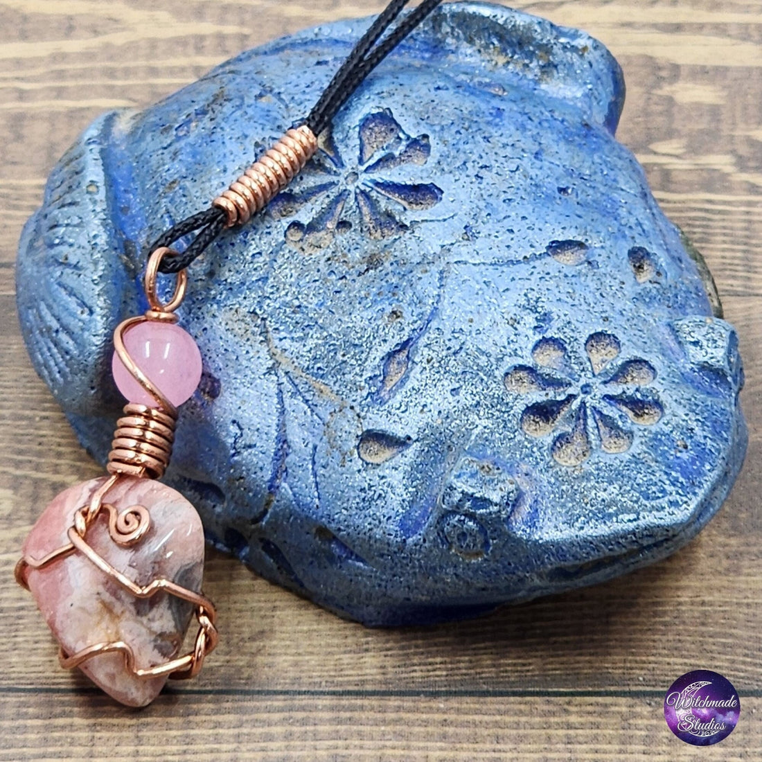 Rhodochrosite Wire Wrap Crystal Necklace, Copper Metaphysical Jewelry JN167