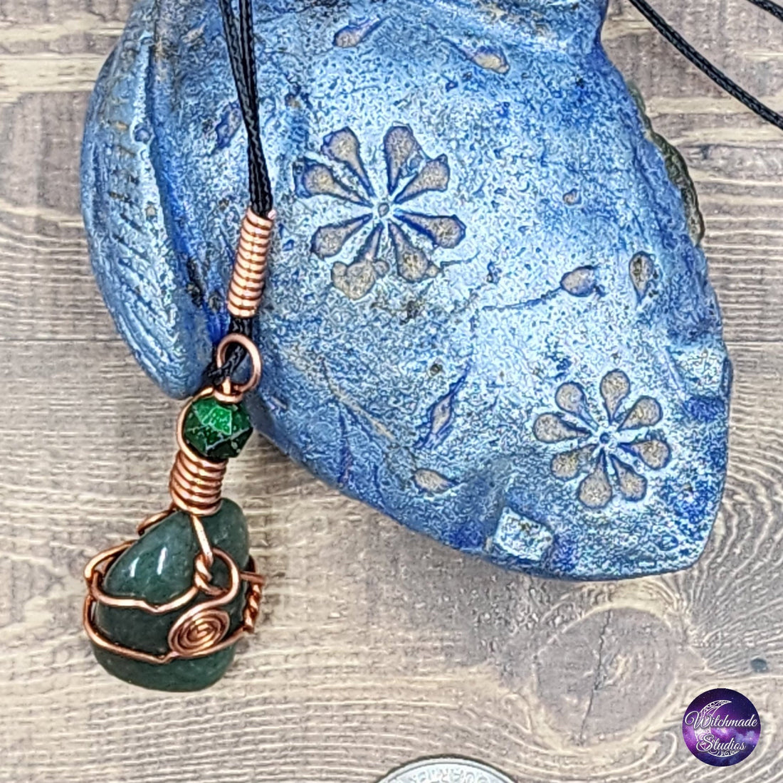 Green Aventurine Wire Wrap Crystal Necklace, Copper Metaphysical Jewelryy JN164
