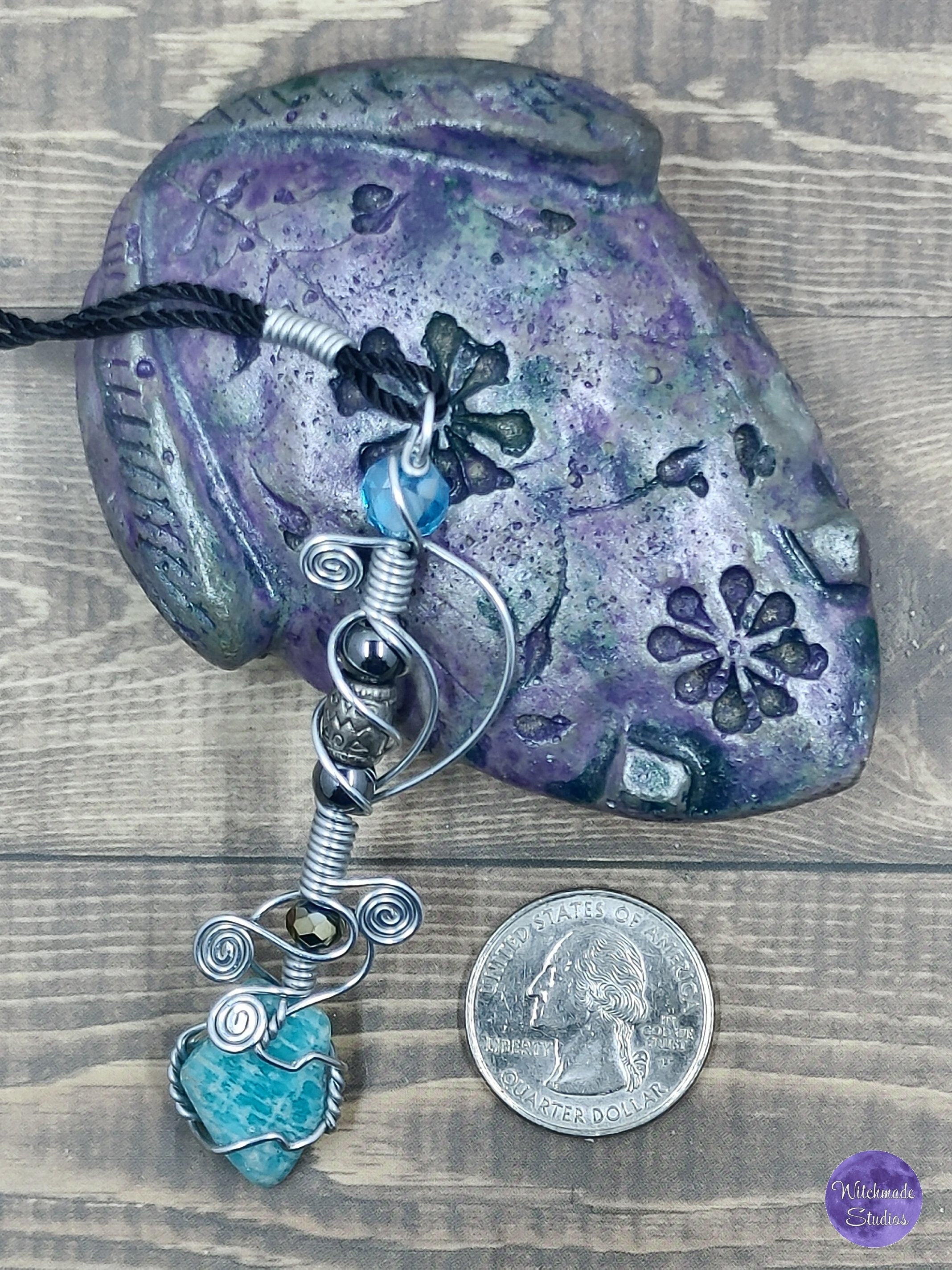 Amazonite Wire Wrap Crystal Necklace, Copper Metaphysical Jewelry JN39