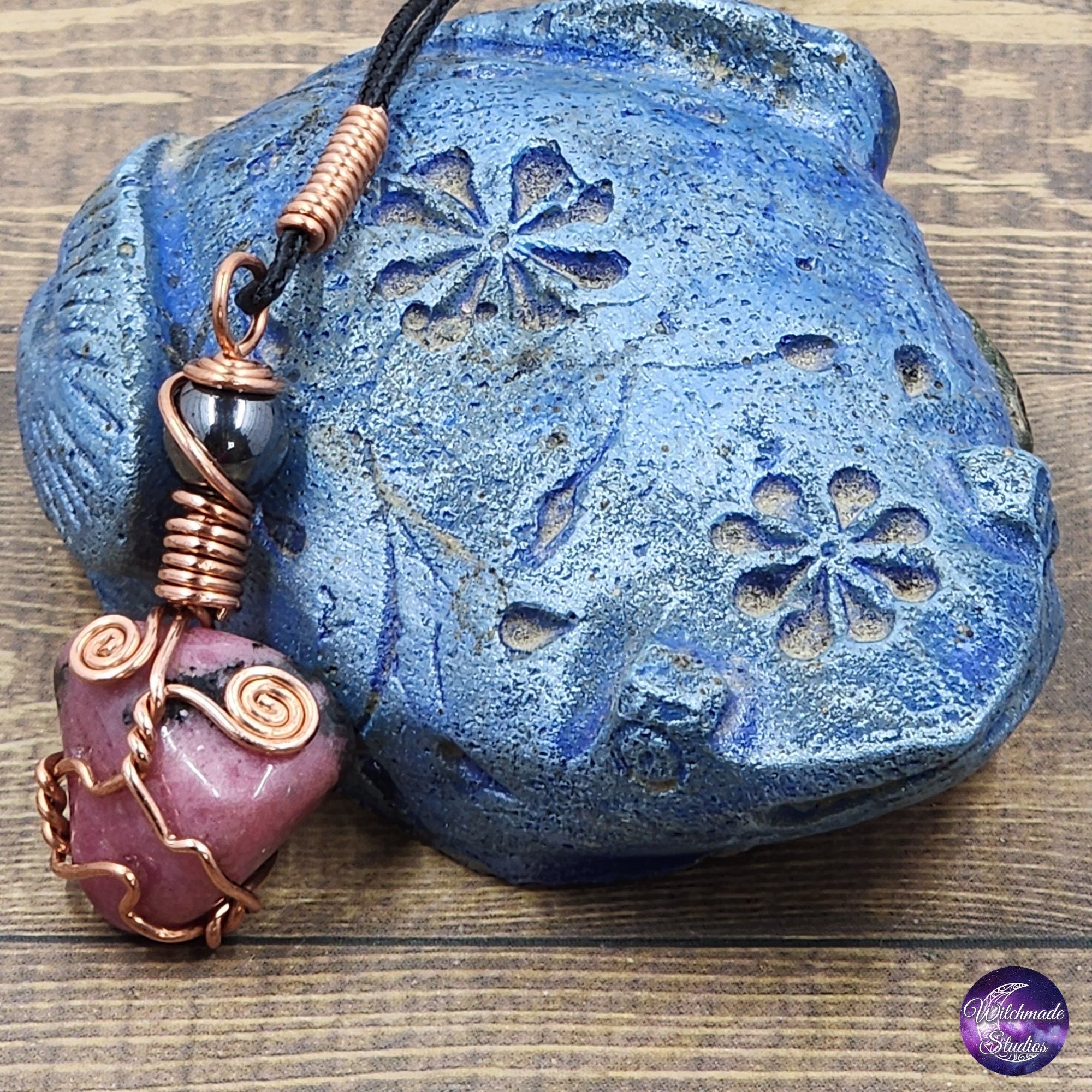 Rhodonite Wire Wrap Crystal Necklace, Copper Metaphysical Jewelry JN162