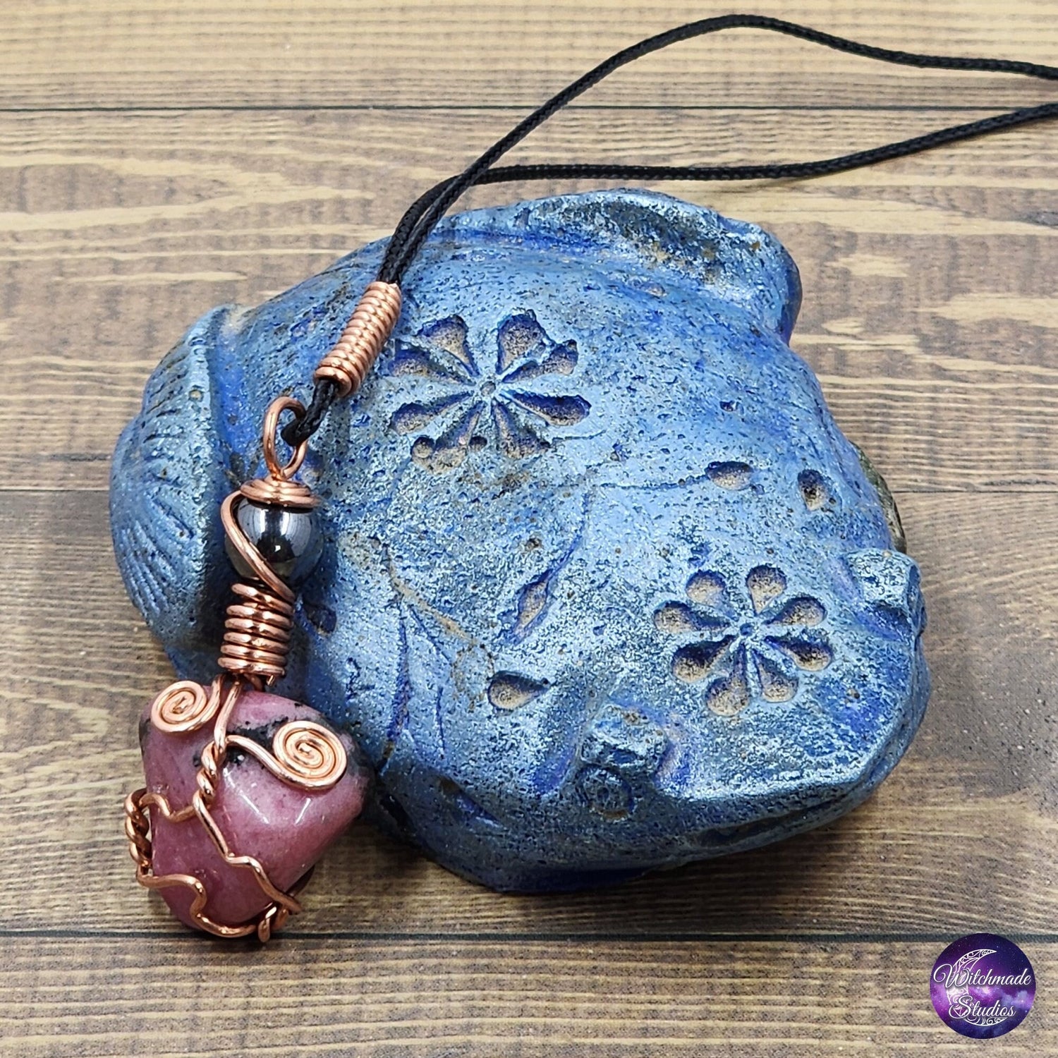Rhodonite Wire Wrap Crystal Necklace, Copper Metaphysical Jewelry JN162