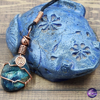 Chrysocolla Wire Wrap Crystal Necklace, Copper Metaphysical Jewelry JN165