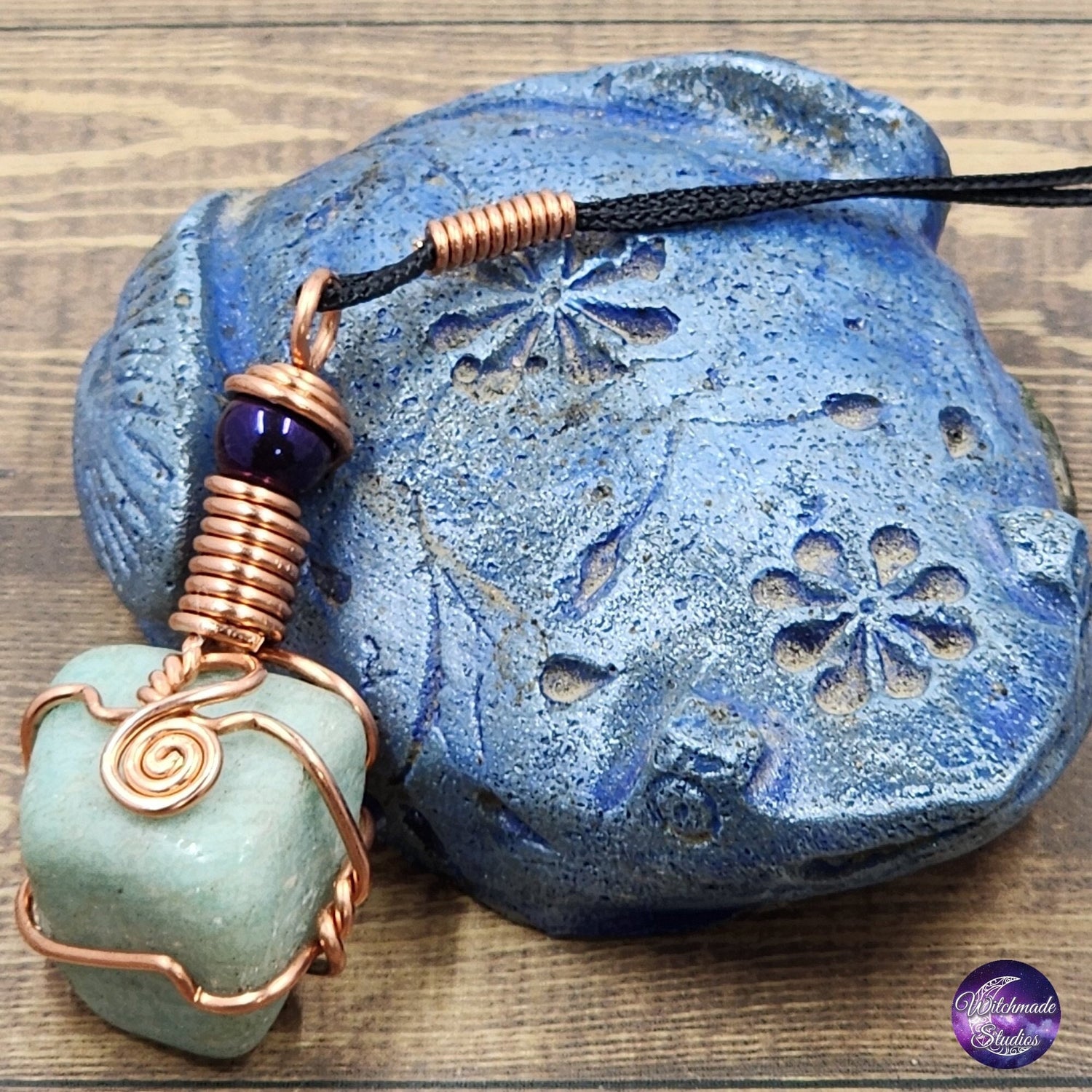 Amazonite Wire Wrap Crystal Necklace, Copper Metaphysical Jewelry JN171
