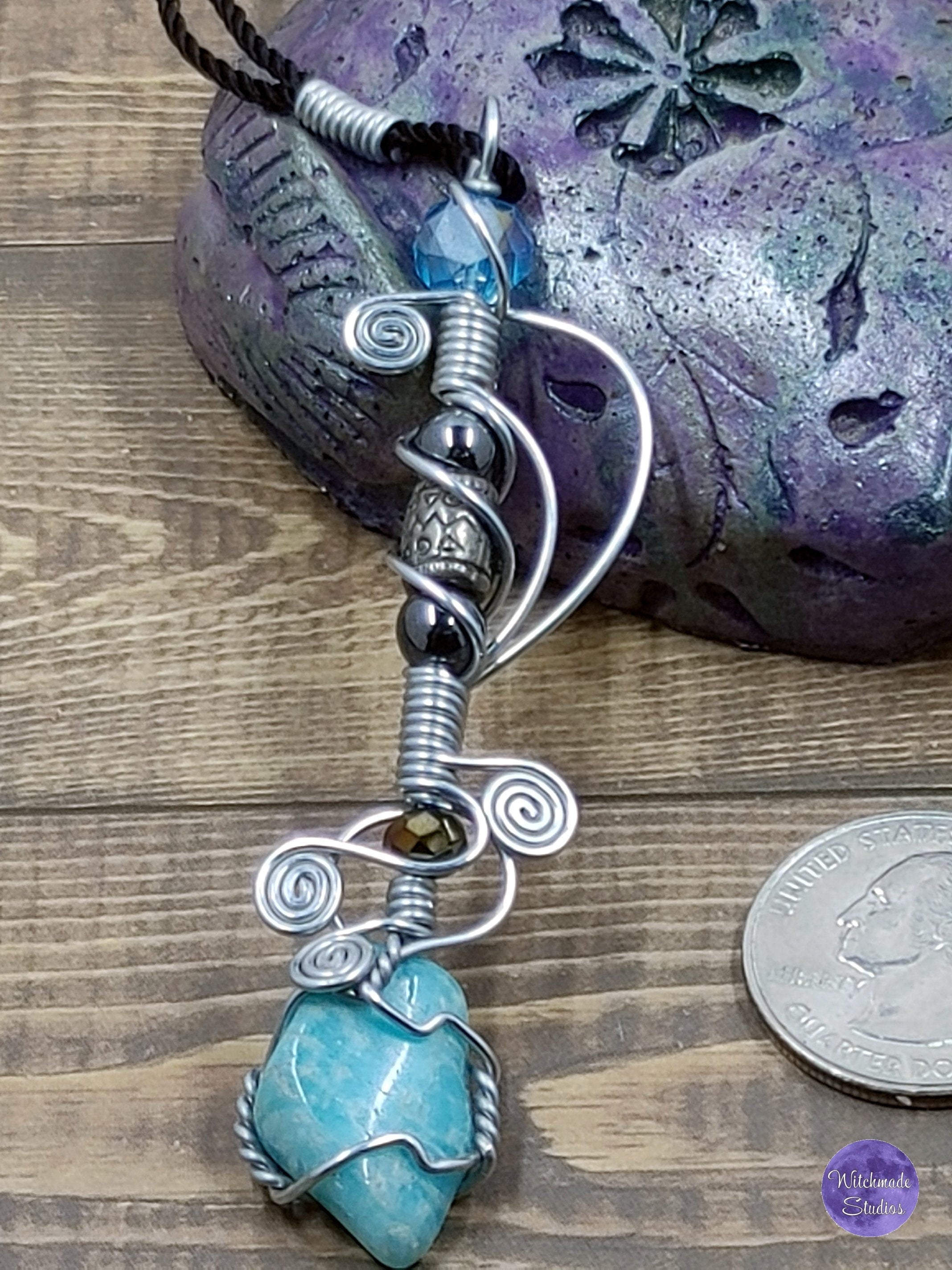 Amazonite Wire Wrap Crystal Necklace, Copper Metaphysical Jewelry JN39