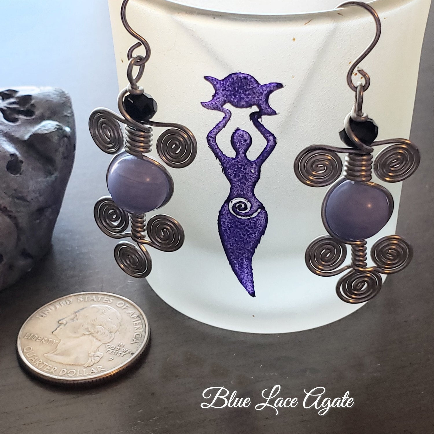 Blue Lace Agate Wire Wrap Crystal Earrings, Copper Metaphysical Jewelry JE57