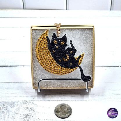 Cat and Moon Keychain, Diamond Painting Ornament, Suncatcher Zipper Pull