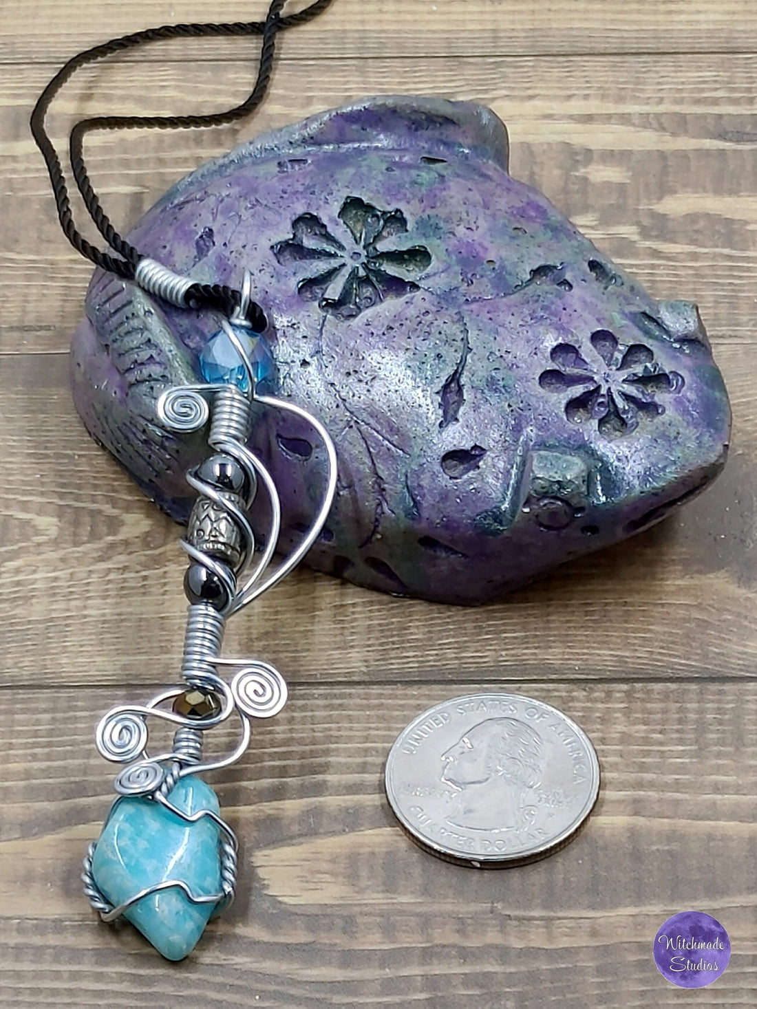 Amazonite Wire Wrap Crystal Necklace, Copper Metaphysical Jewelry JN39