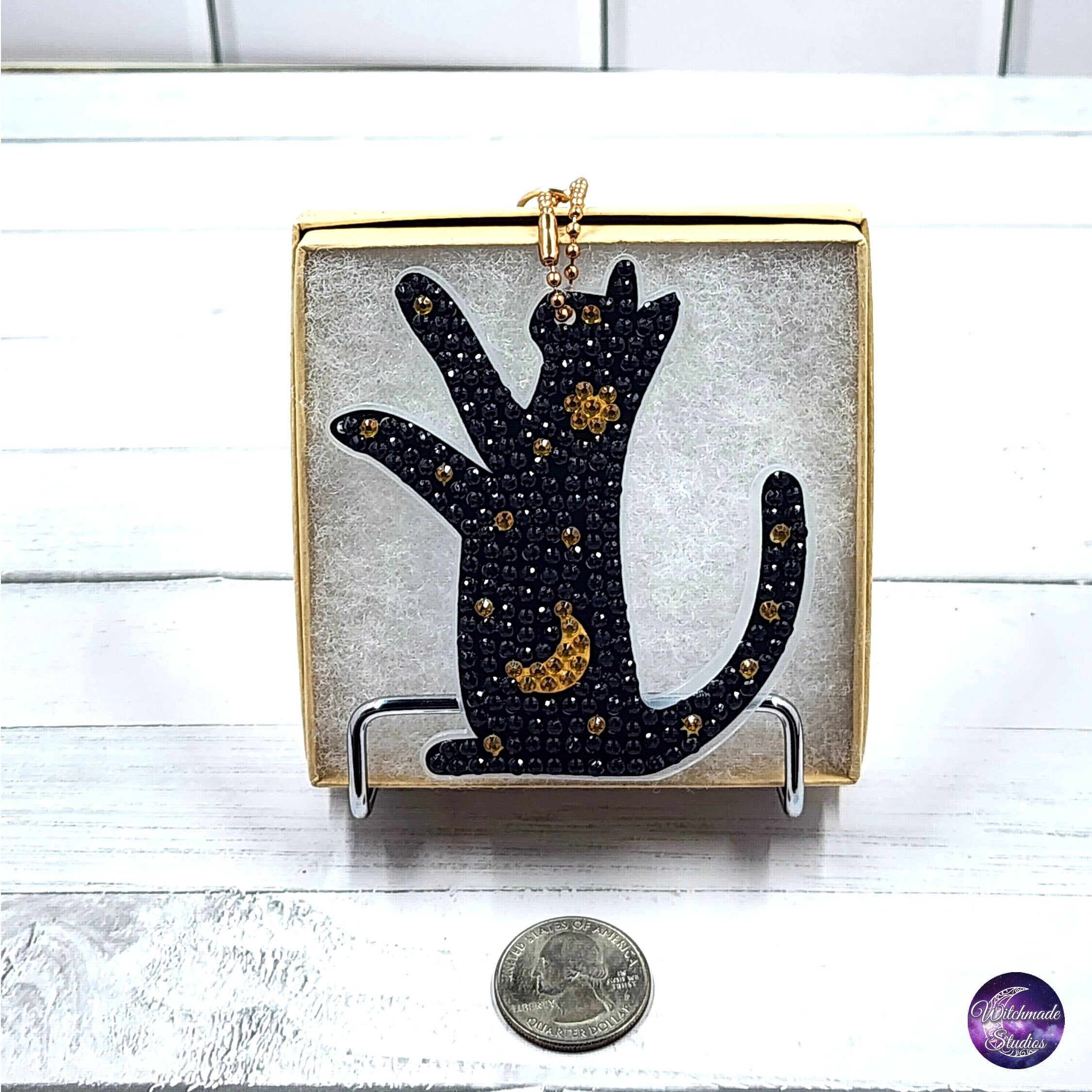 Cat and Moon Keychain, Diamond Painting Ornament, Suncatcher Zipper Pull