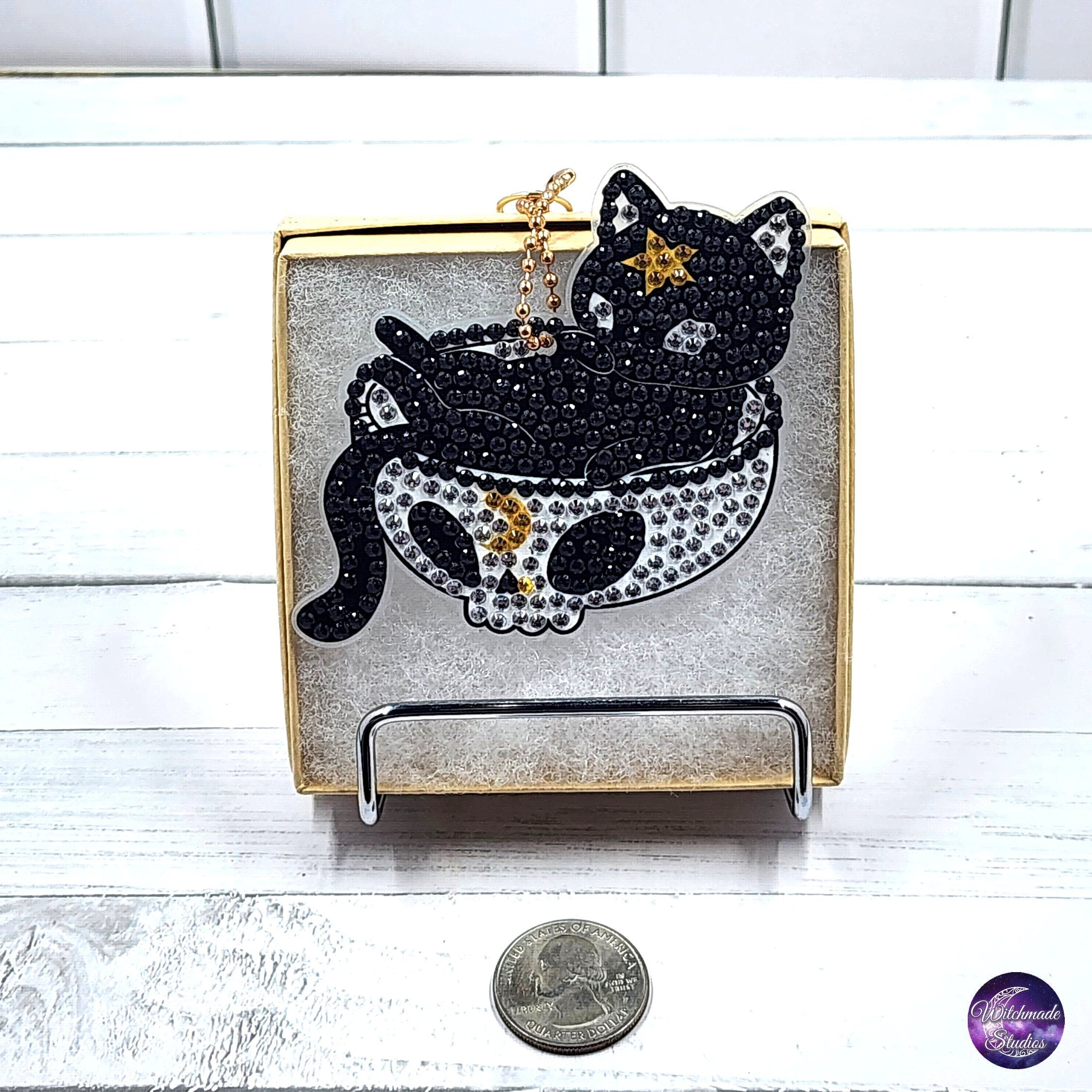 Cat and Moon Keychain, Diamond Painting Ornament, Suncatcher Zipper Pull