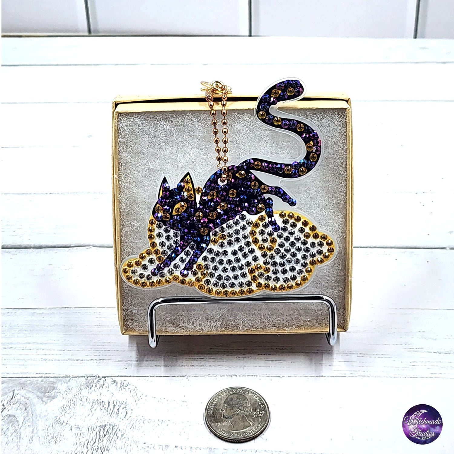 Cat and Moon Keychain, Diamond Painting Ornament, Suncatcher Zipper Pull