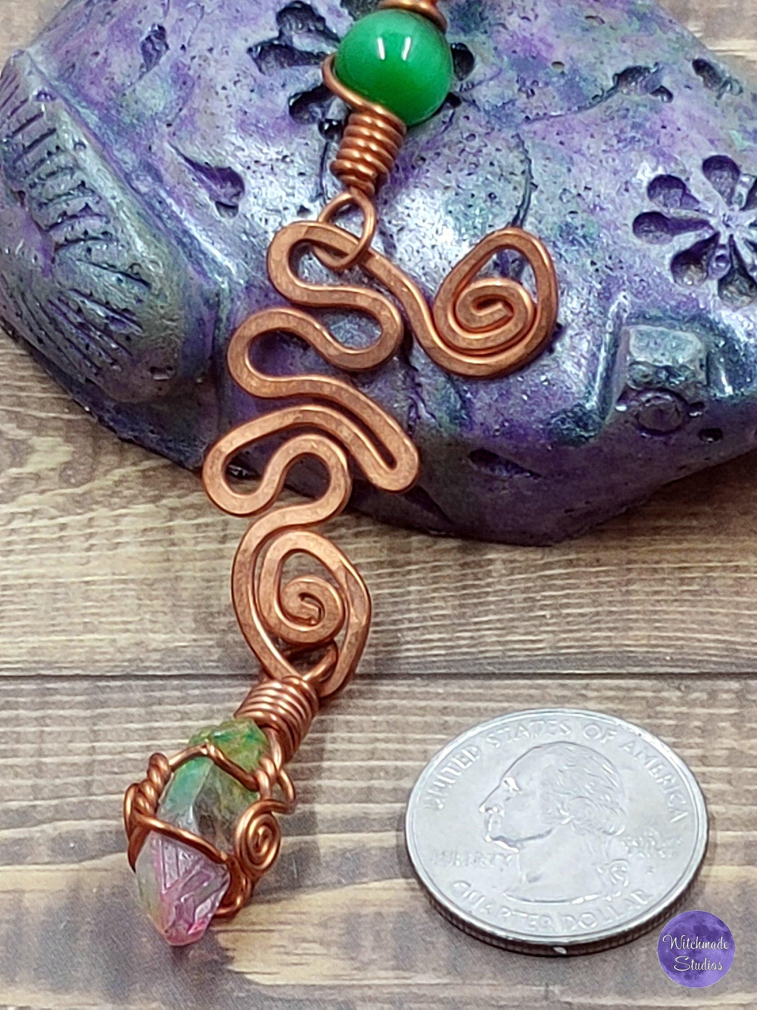 Watermelon Aura Quartz Wire Wrap Crystal Necklace, Copper Metaphysical Jewelry JN135