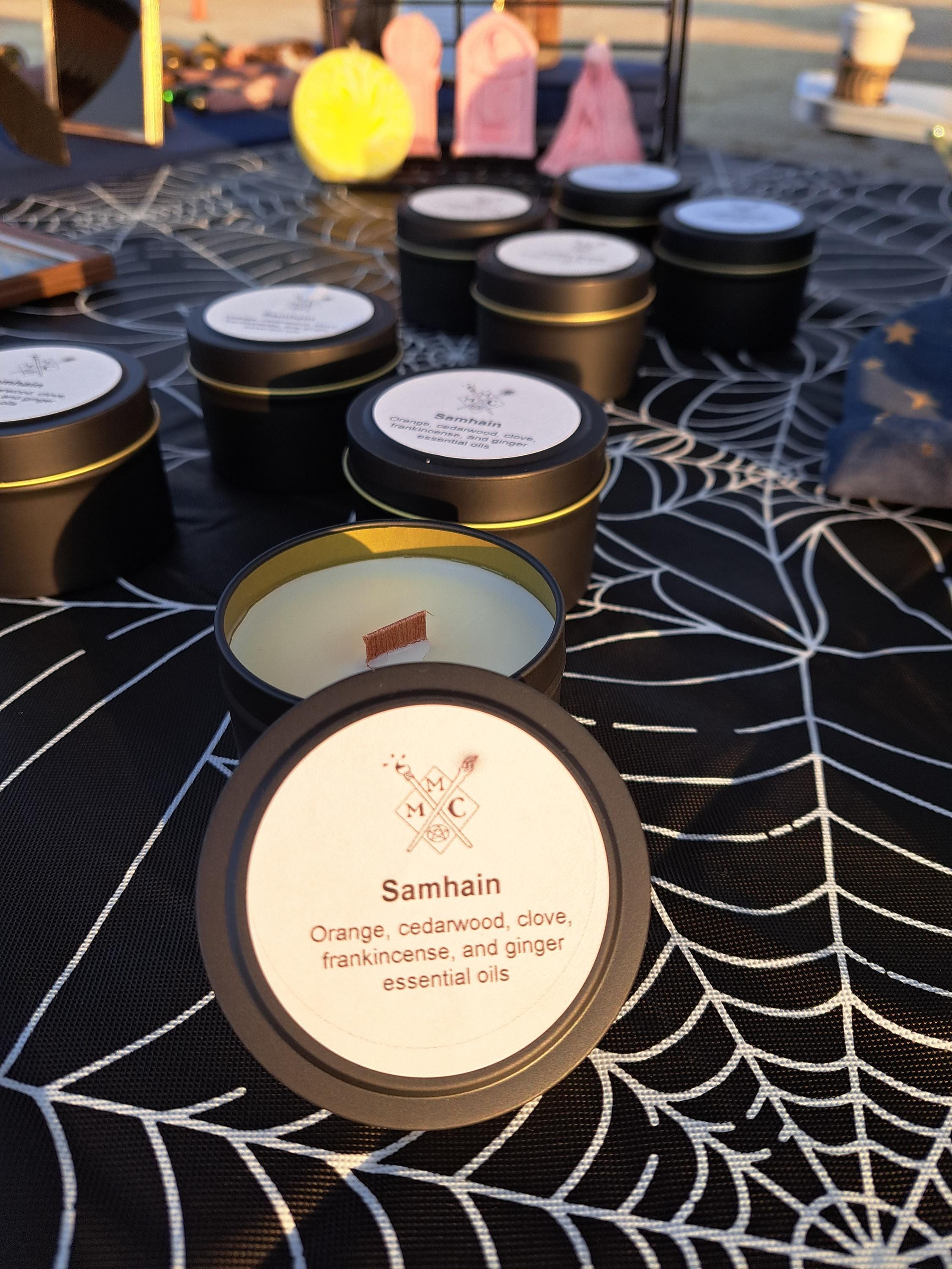 Handmade Soy Candle: Essential Oil Scented, Wood Wick - 4 oz Tin, Sabbats, Seasonal scents,