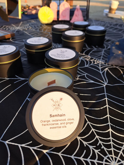 Handmade Soy Candle: Essential Oil Scented, Wood Wick - 4 oz Tin, Sabbats, Seasonal scents,