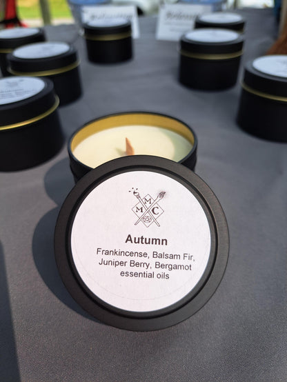 Handmade Soy Candle: Essential Oil Scented, Wood Wick - 4 oz Tin, Sabbats, Seasonal scents,