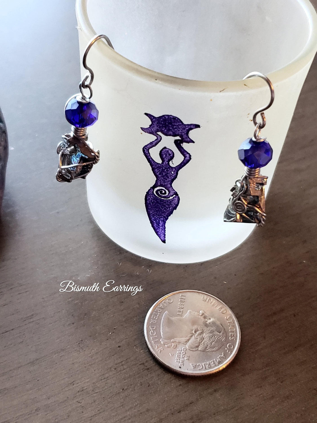 Bismuth Wire Wrap Crystal Earrings, Copper Metaphysical Jewelry JE65
