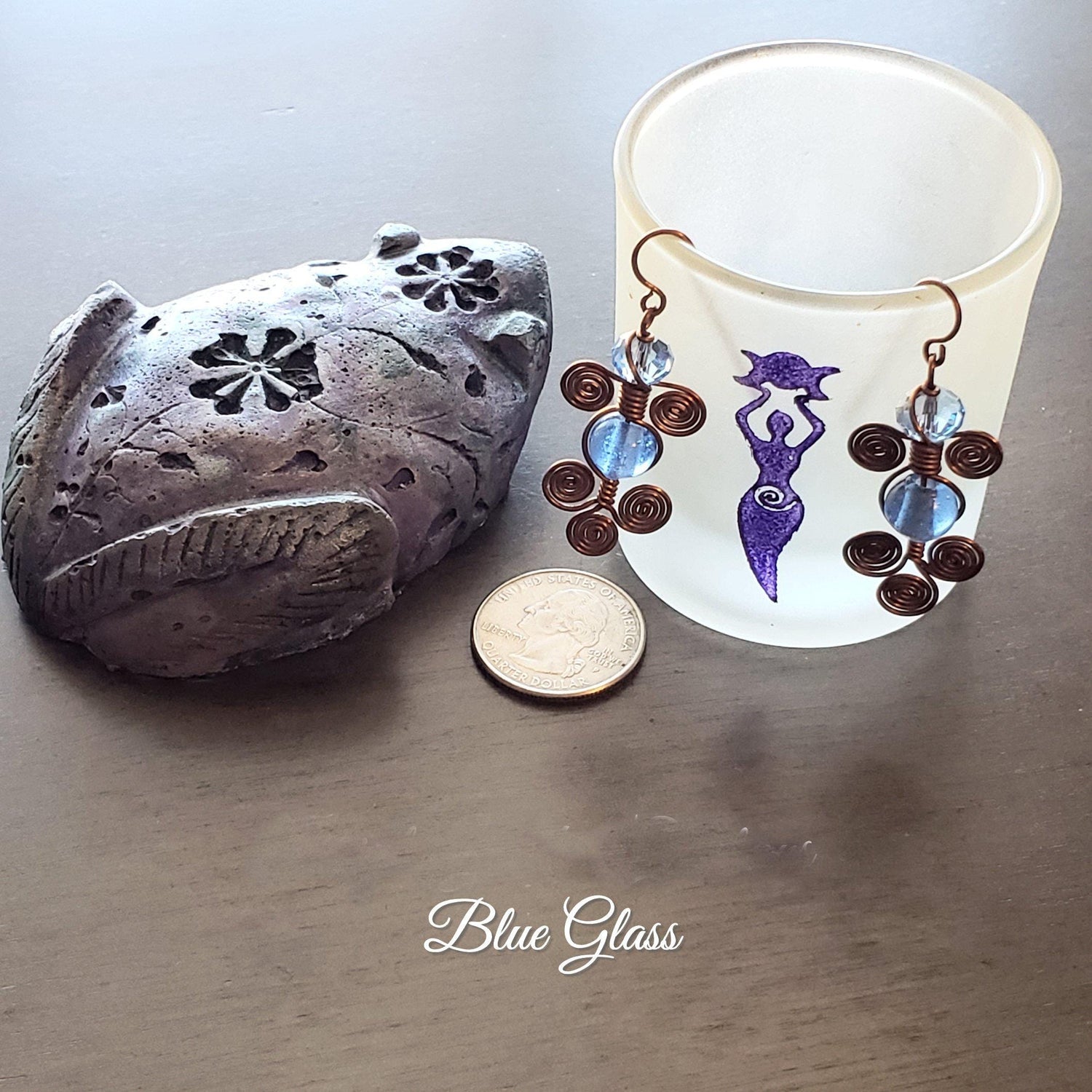 Blue Glass Wire Wrap Earrings, Copper Metaphysical Jewelry JE59