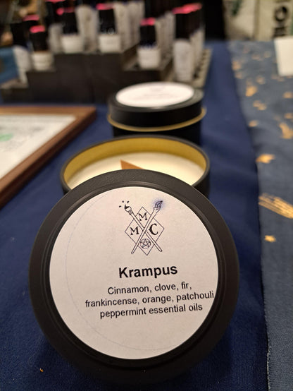 Handmade Soy Candle: Essential Oil Scented, Wood Wick - 4 oz Tin, Sabbats, Seasonal scents,