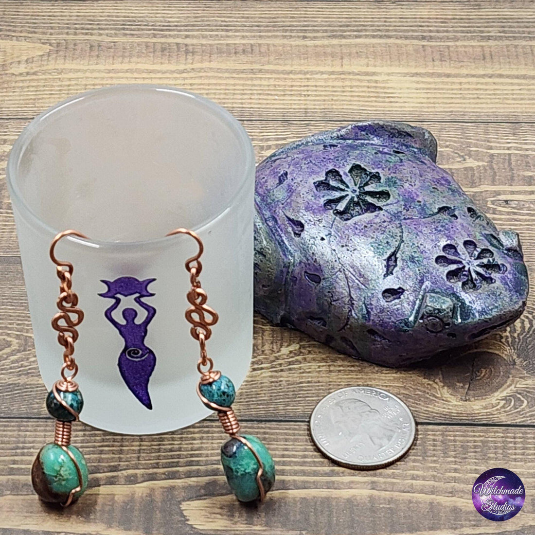 Chrysocolla Wire Wrap Crystal Earrings, Copper Metaphysical Jewelry  JE193
