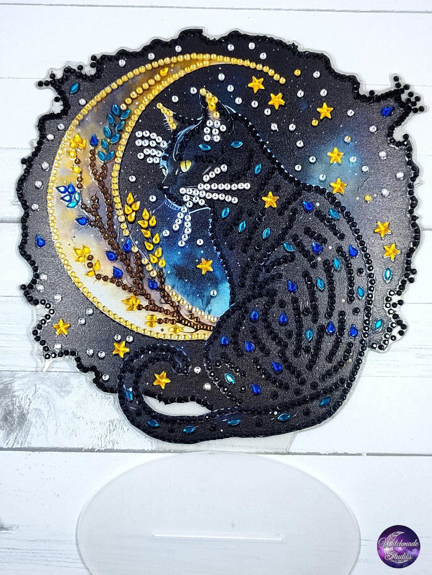 Black Cat Crescent Moon Table Decor, Crystal Goth Ornament